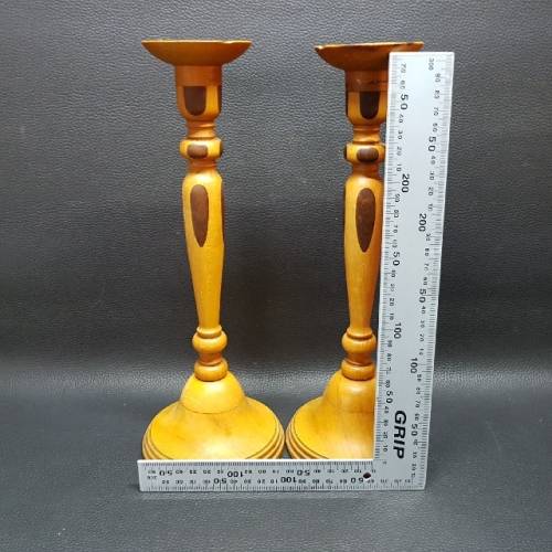 Two Large Hand Crafted Yellow Wood Candle Stands