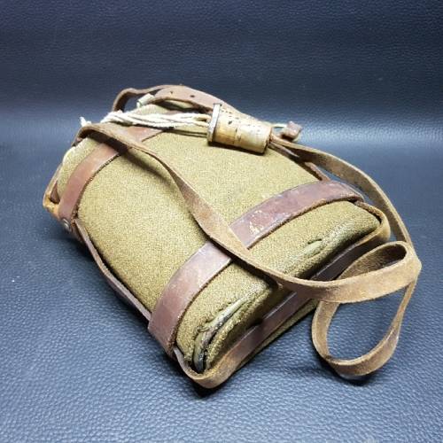 Highly Collectible WWII Green Enamel Water Bottle with Original Cover and Leather Straps!!!