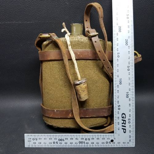 Highly Collectible WWII Green Enamel Water Bottle with Original Cover and Leather Straps!!!