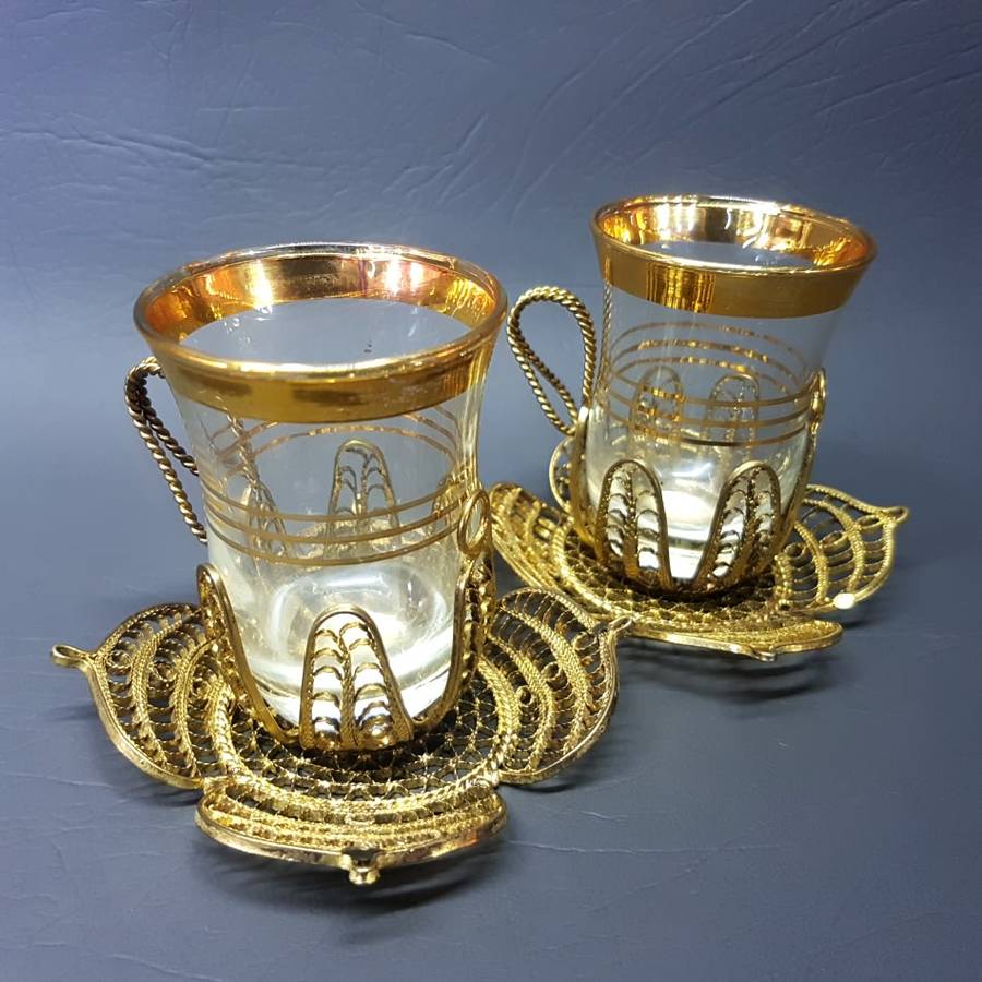 RARE!!! Vintage Brass and Gold Rimmed Filigree Cups and Saucers (Bid for Both)