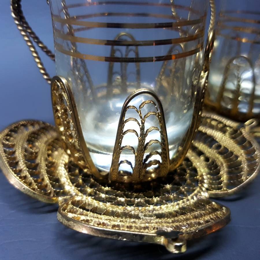 RARE!!! Vintage Brass and Gold Rimmed Filigree Cups and Saucers (Bid for Both)
