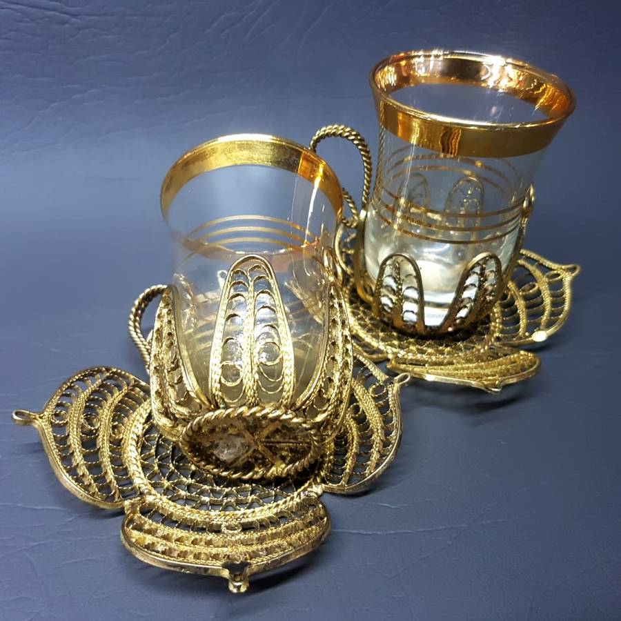 RARE!!! Vintage Brass and Gold Rimmed Filigree Cups and Saucers (Bid for Both)