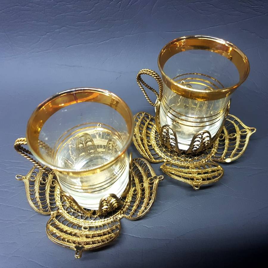 RARE!!! Vintage Brass and Gold Rimmed Filigree Cups and Saucers (Bid for Both)