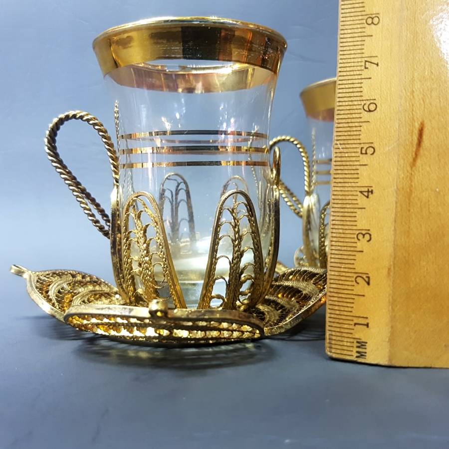 RARE!!! Vintage Brass and Gold Rimmed Filigree Cups and Saucers (Bid for Both)