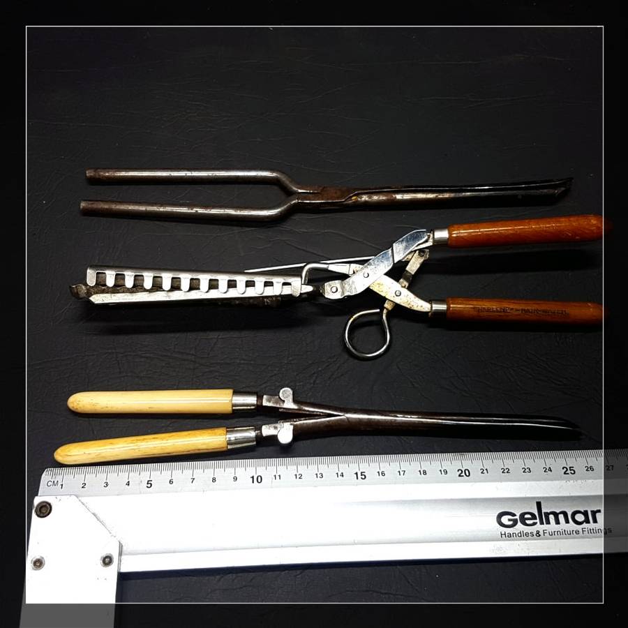 RARE!!! Three Antique Metal, Wood and Bone Hair Curling Tongs!!!