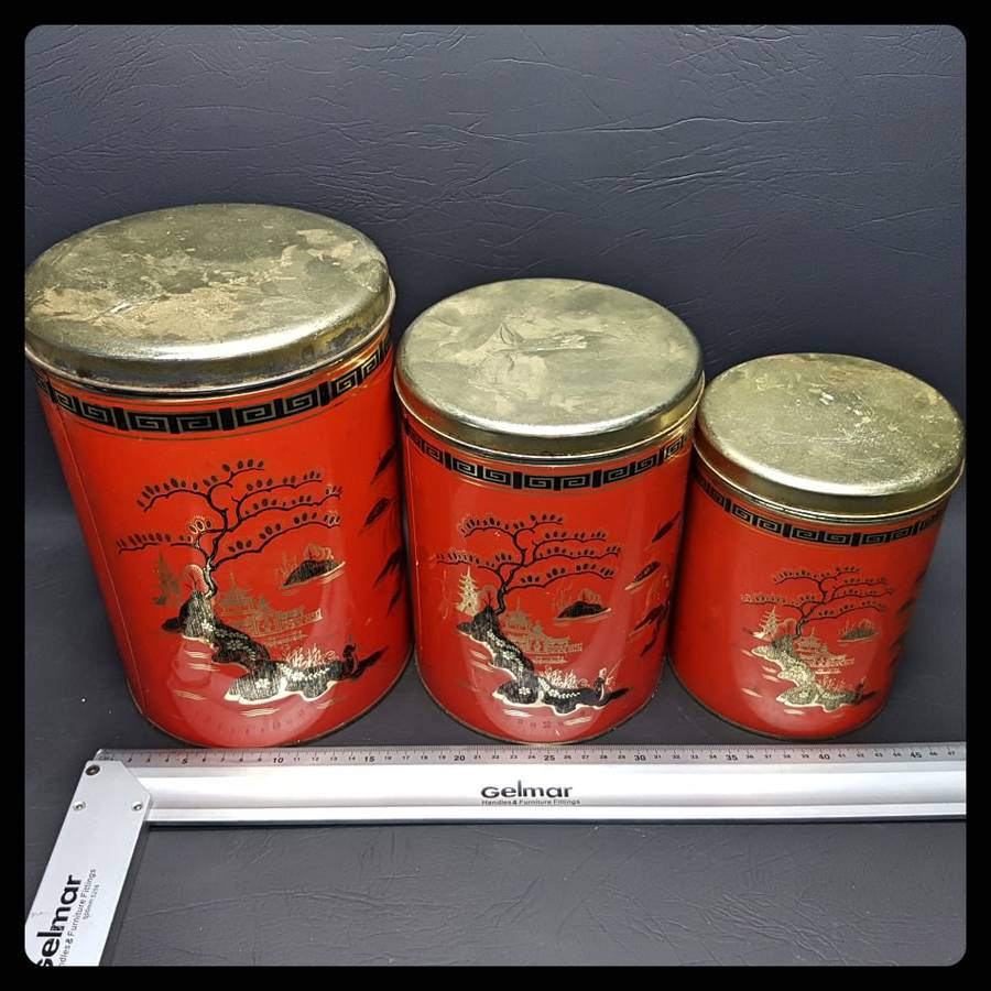 Vintage Oriental Themed Trio - Lithographed Kitchen Tins!!! (Bid for All)