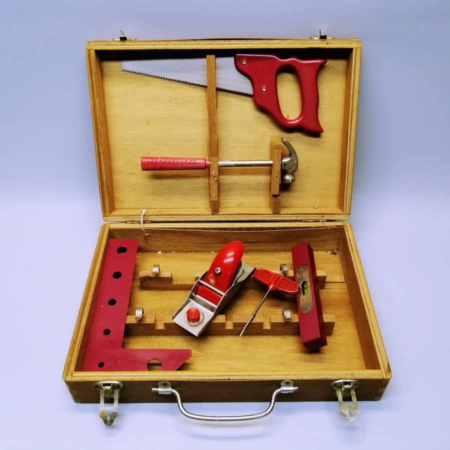 RARE!!! Original Vintage Metal Wood and Hard Plastic Kids Wood Tool Box!!!
