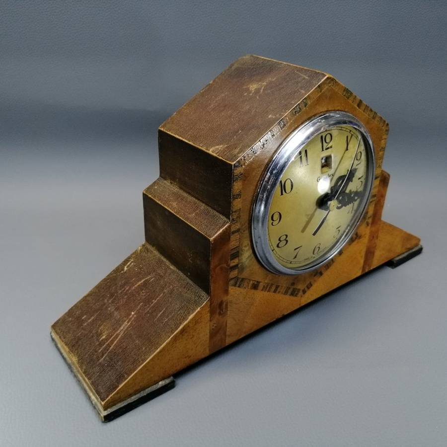 Original Art Deco Inlaid Wood Mantel Clock (Converted to New Mechanism, Working)