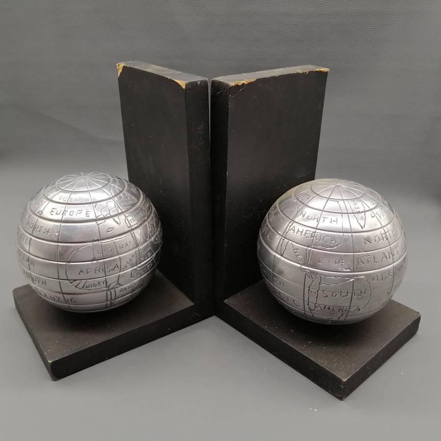 Two Cast Metal on Wood Base Globe Inspired Book Ends!!!