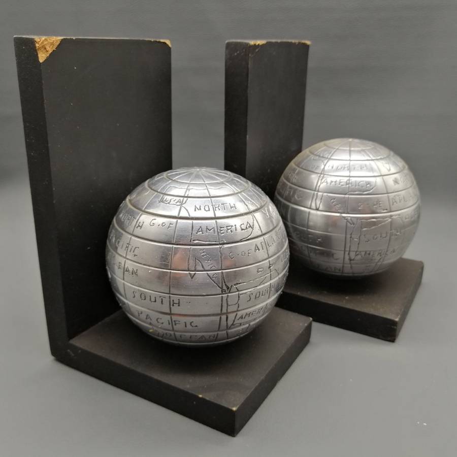 Two Cast Metal on Wood Base Globe Inspired Book Ends!!!