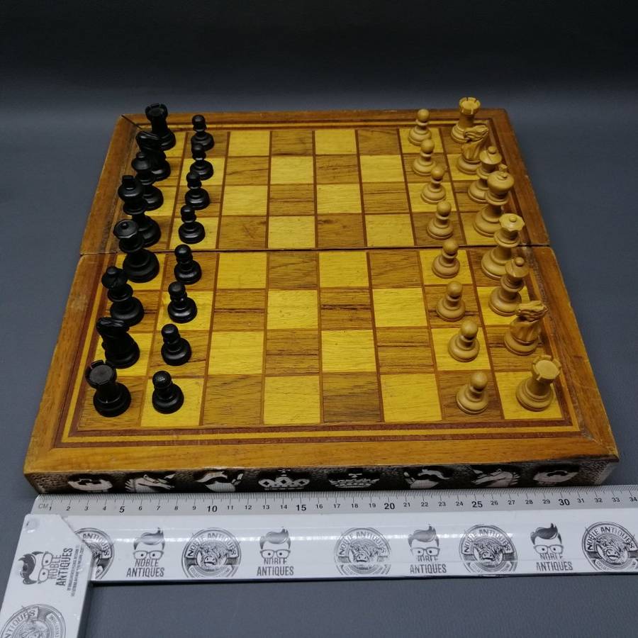 Original Vintage Hand Crafted Wood Inlay Foldable Chess Set!!!
