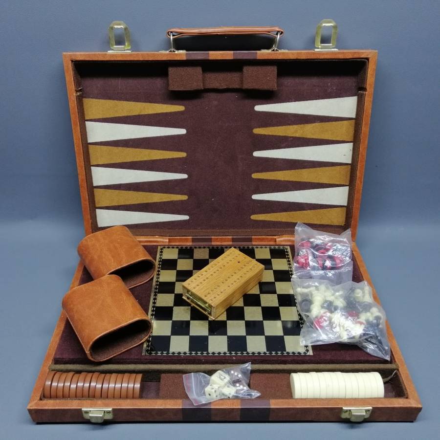 Super Cool!!! Backgammon and Other Games In Leatherette & Corduroy Brief Case!!!
