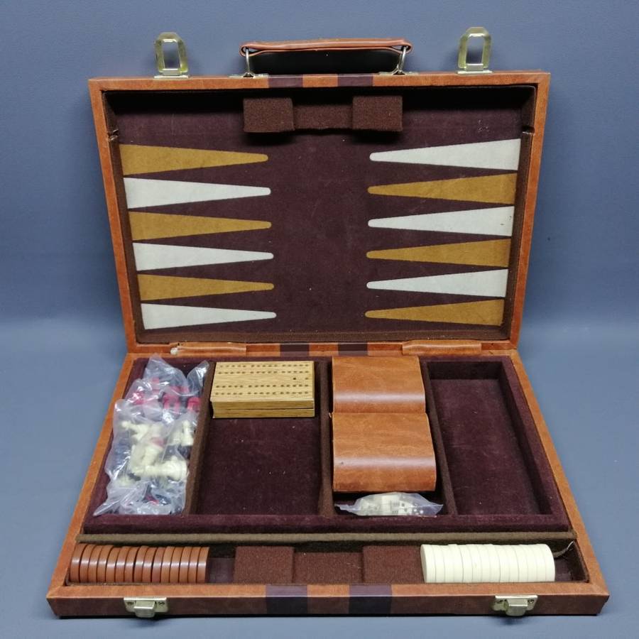 Super Cool!!! Backgammon and Other Games In Leatherette & Corduroy Brief Case!!!