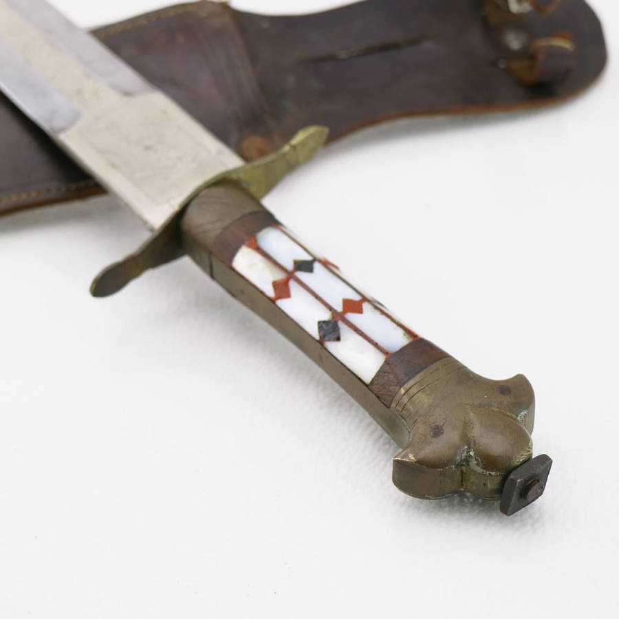 Highly Decorative Brass and Mother of Pearl Inlay Victory Dagger With Leather Sheath!!!