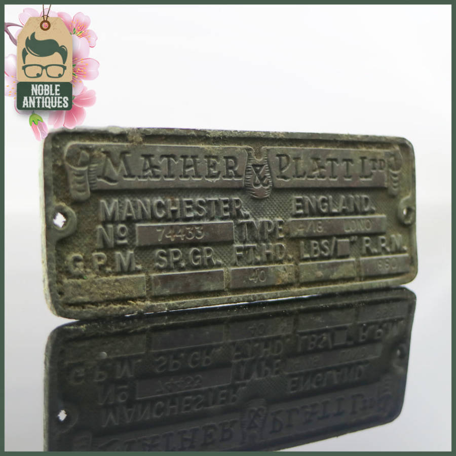 Small Antique Mather & Platt Steam Pump Engine Plaque!!!