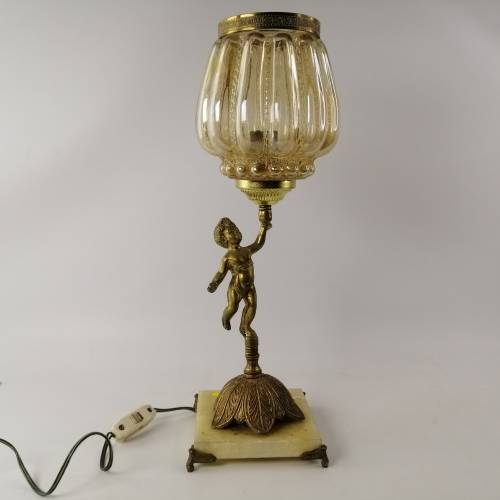 Large Ornate Vintage Footed Brass on Marble Base Lamp Stand and Glass Cover, Electrified, No Plug!!!