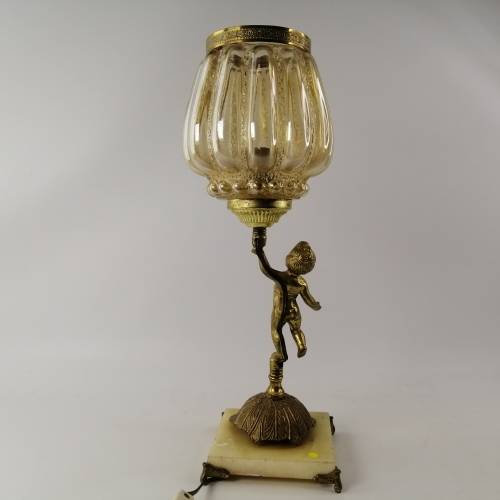 Large Ornate Vintage Footed Brass on Marble Base Lamp Stand and Glass Cover, Electrified, No Plug!!!