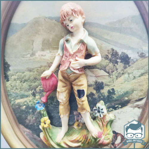 Oval Framed Italian Depose Three-dimensional Relief Boy watering Flowers Picture !!!
