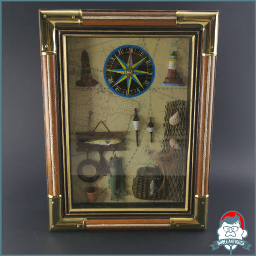 Decorative Brass Edged Maritime and Fishing Wall Mount Clock and Key Box!! Working!!!