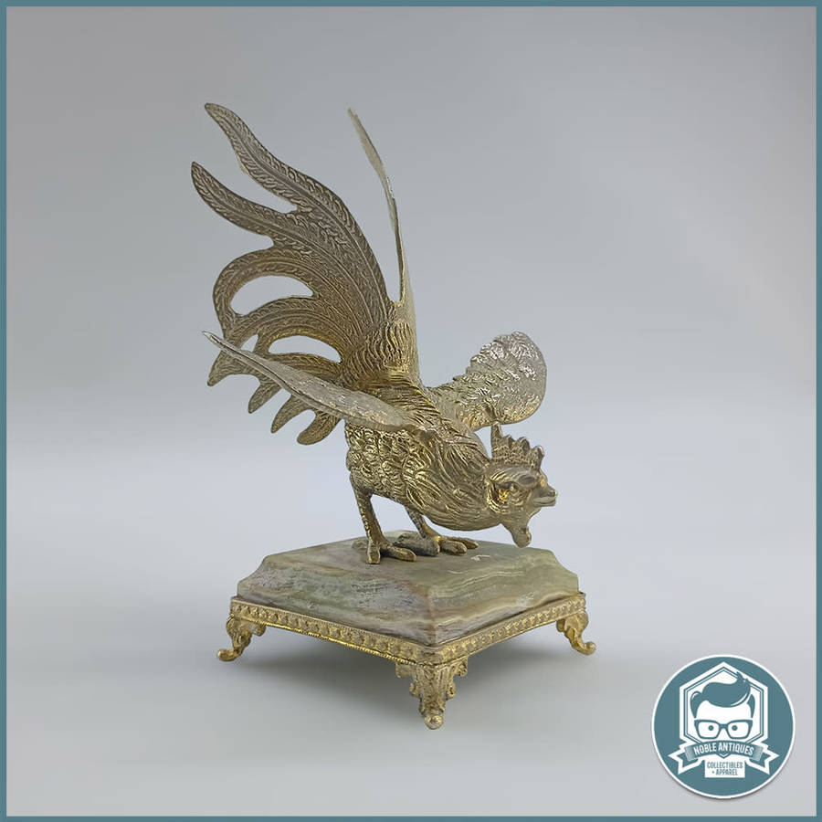 Vintage Brass Fighting Rooster on Onyx Footed Stand!!!