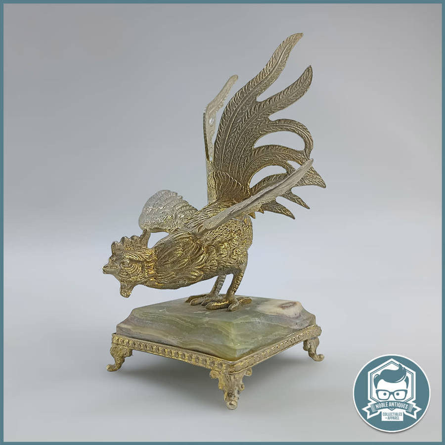 Vintage Brass Fighting Rooster on Onyx Footed Stand!!!