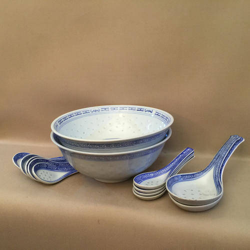 Chinese Blue and White Porcelain Bowls Set With Serving and Eating Spoons (With Light watermark)