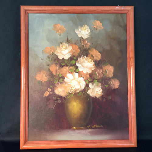 Original Framed Oil on canvas Still Life Roses By R Stevens