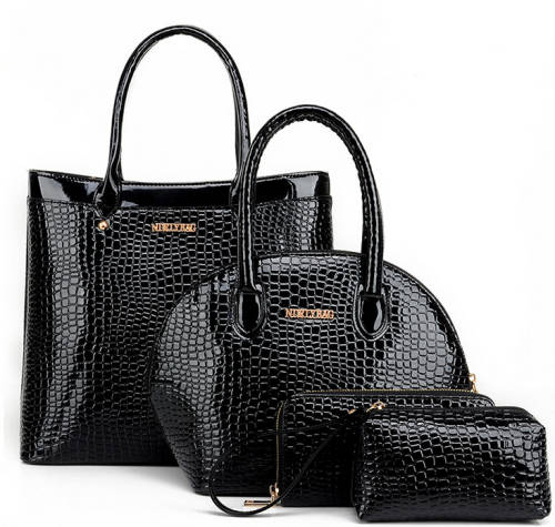 4 Pieces set handbags. Crocodile pattern, 2 handbags, 1 cosmetic, 1 purse. Black color. Stock in ZA