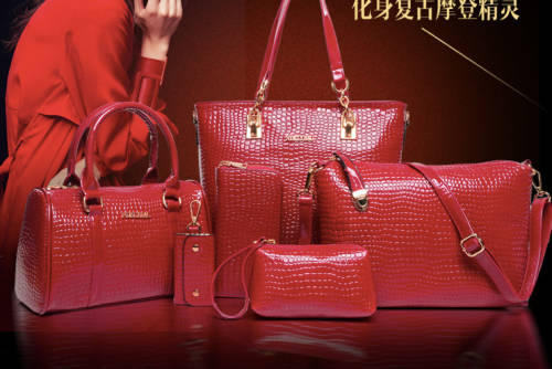 6 sets multi-usage crocodile pattern fashion handbags. Red color