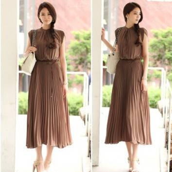 Elegant and classic long pleated chiffon dress, 3 colors, 4 sizes