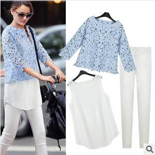 3 pieces leisure suit: linen top, lace shirt, and strench cotton pencil pans. Size 30-36