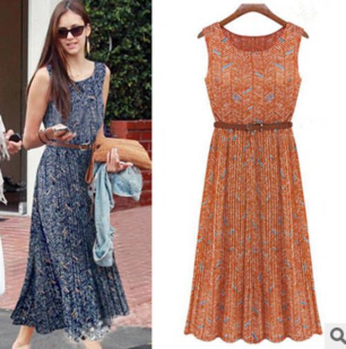 New arrival stretch waist long pleated dress with belt. 3 colors. size 30-36