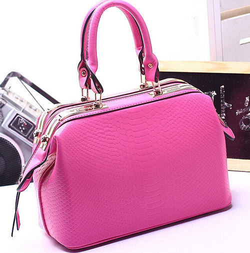 Crocodile embossed strong leather hard shell handbag. Rose color. Large size