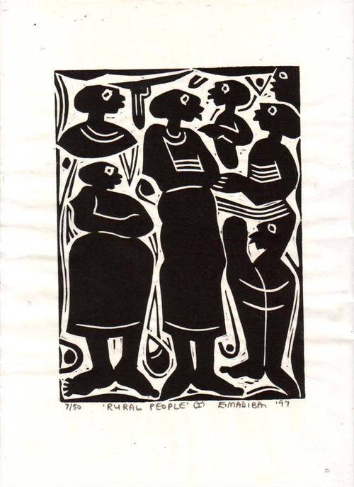 RURAL PEOPLE 1 - By Ezekiel Madiba (Signed Woodcut - Limited Edition Print)