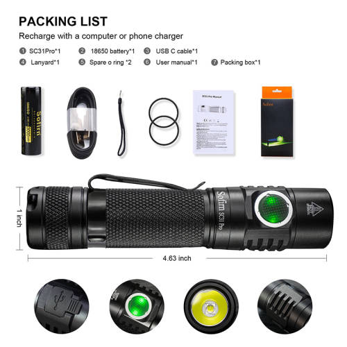 Sofirn SC31 Pro Rechargeable Flashlight with 18650 Rechargable Battery - Black