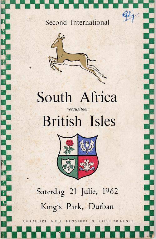 South Africa vs British Isles - Lions rugby programme. 21 July 1962 Kings Park Durban.