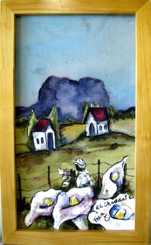 Two houses with mountain backdrop wooden framed painting - 73 x 45 cm