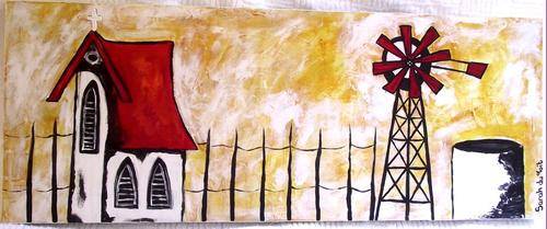 Church with windmill painting - 60 x 23 x 3 cm