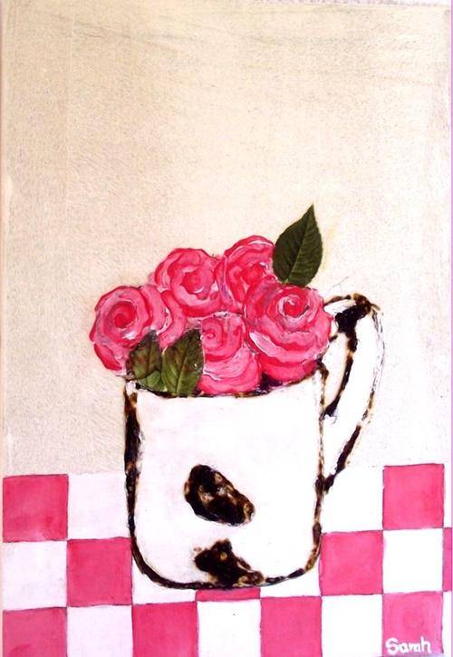 Tin cup with pink roses painting - 34 x 24 x 3cm