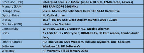 HP Notebook 15 - Intel Quad Core i7 - 11th Generation Notebook