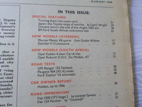 CAR MAGAZINE AUGUST 1968 ( GM RANGER 153 , PEUGEOT 404 , FORD ZEPHYR V6 , HOLDEN )