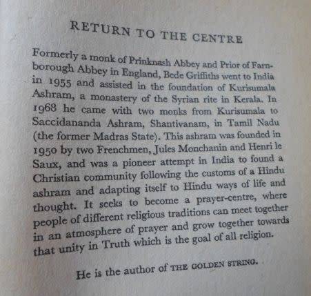 RETURN TO THE CENTRE -  BEDE GRIFFITHS