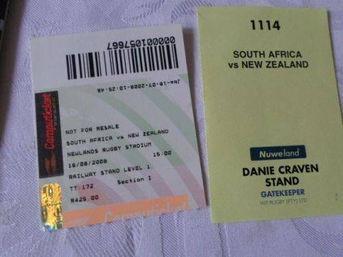SOUTH AFRICA VS NEW ZEALAND 16 AUGUST 2008 - RUGBY PROGRAMME & TICKETS ( weight 200 grams )