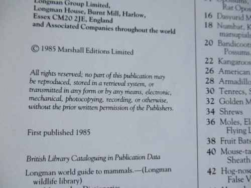 LONGMAN WORLD GUIDE TO MAMMAL - A VISUAL WHO`S WHO OF THE MAMMAL KINGDOM - Dr PHILIP WHITFIELD