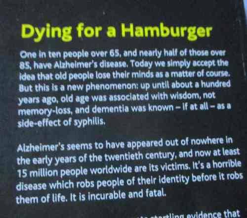 DYING FOR A HAMBURGER - THE ALARMING LINK BETWEEN THE MEAT INDUSTRY AND ALTZHEIMER`S DISEASE