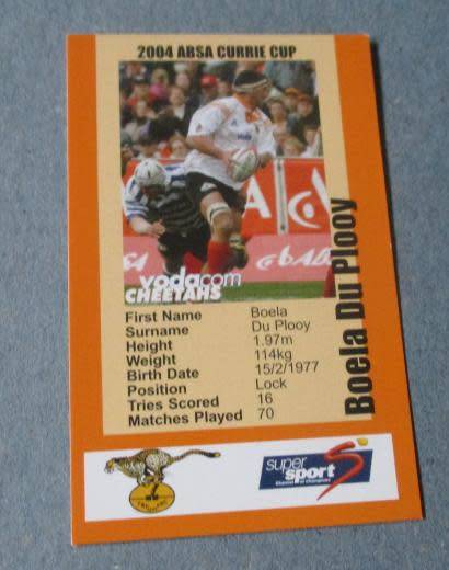 BOELA DU PLOOY - CHEETAHS RUGBY - 2004 CURRIE CUP - SUPERSPORT COLLECTIBLE CARD
