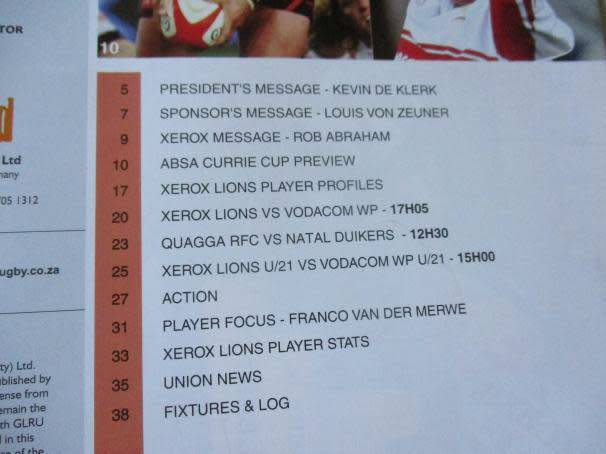 LIONS vs WP 10 OCTOBER 2008  - RUGBY PROGRAMME