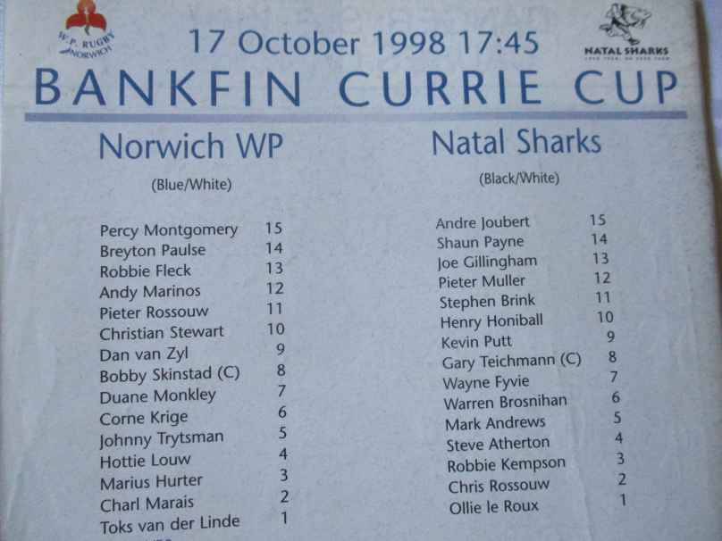 WP vs SHARKS 17 OCTOBER  1998   - RUGBY PROGRAMME