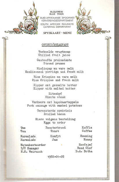 S.A. BLUE TRAIN MENU - BREAKFAST