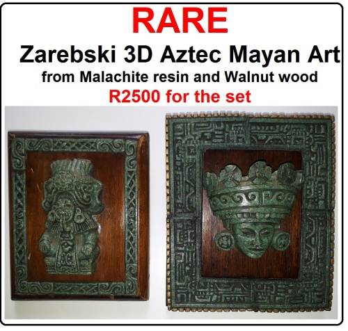 RARE Two Pieces of Zarebski 3D Mayan Aztec Art, in Malachite Resin and Walnut Wood
